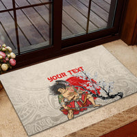 Beige rubber doormat with Japanese samurai, cherry blossoms, and red “YOUR TEXT”