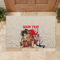 Beige rubber doormat showing samurai and red “YOUR TEXT” over light ornamental pattern