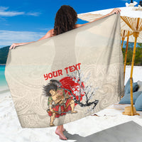 Beige sarong with white swirl pattern and red samurai graphic with personalized text