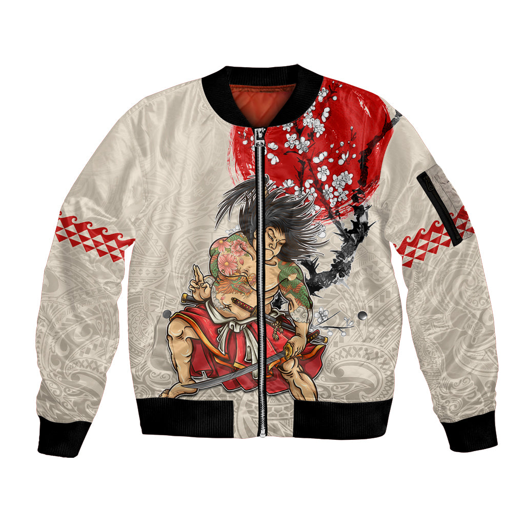 Personalised Japanese Culture Hawaii Style Sleeve Zip Bomber Jacket Japanese Samurai with Hawaiian Pattern - Wonder Print Shop