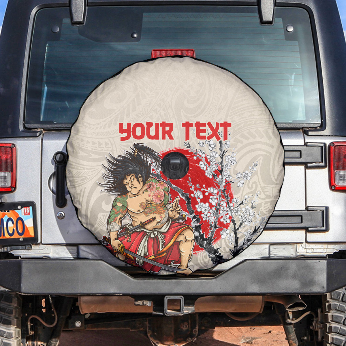 Personalised Japanese Culture Hawaii Style Spare Tire Cover Japanese Samurai with Hawaiian Pattern - Wonder Print Shop