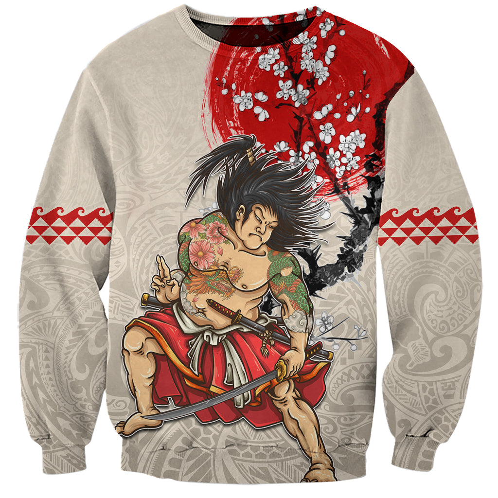 Beige crewneck sweatshirt with red floral samurai warrior graphic on front