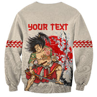 Beige crewneck sweatshirt with 'Your TEXT' and samurai warrior graphic on back