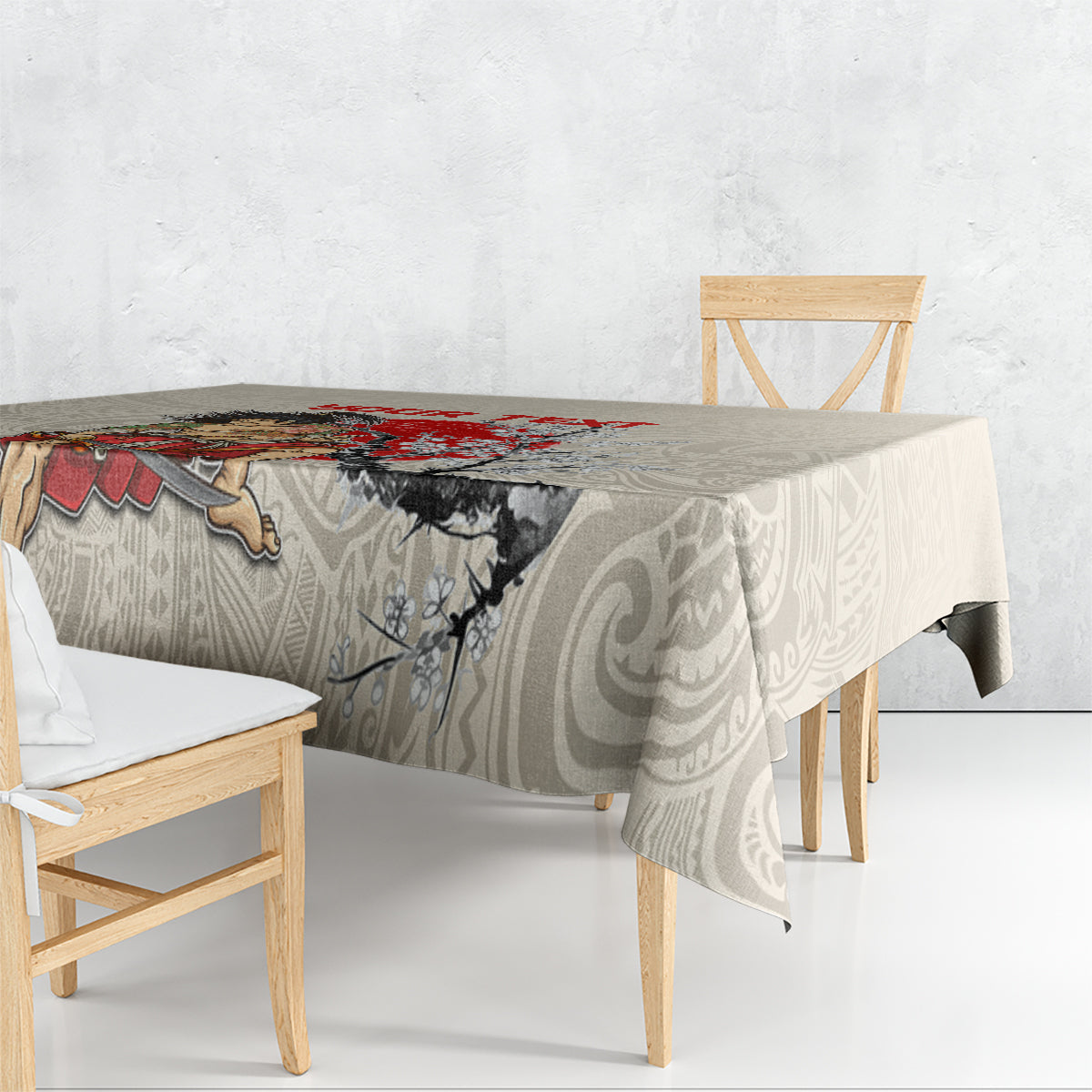 Beige tablecloth with red warrior banner and gray ornamental swirl pattern