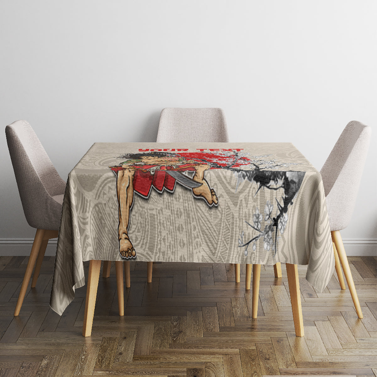Beige tablecloth with red banners, black warrior, and floral tree motif