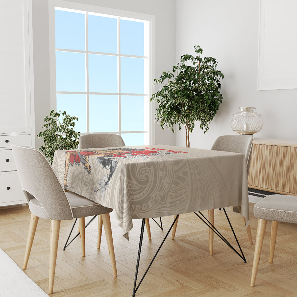 Beige tablecloth with red warrior banner and gray patterned border on dining table