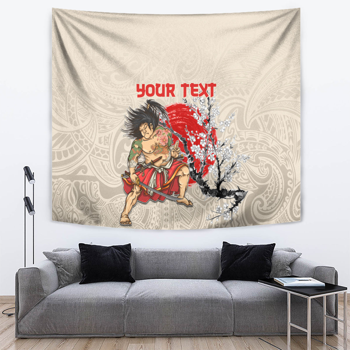 Beige wall tapestry with samurai warrior, red text, and cherry blossoms on ornate pattern
