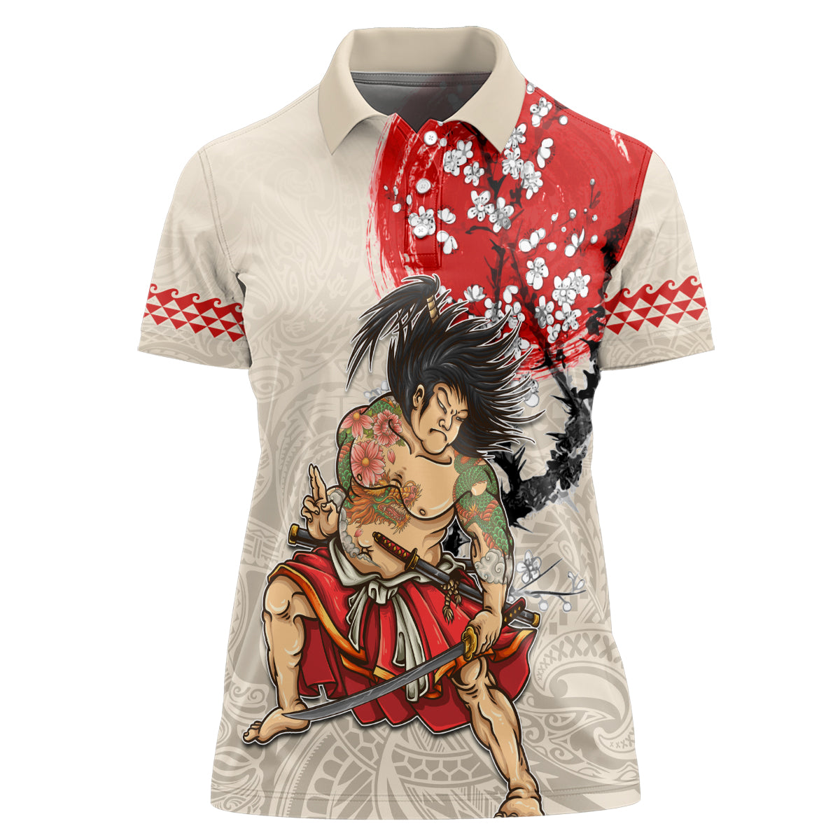 Personalised Japanese Culture Hawaii Style Women Polo Shirt Japanese Samurai with Hawaiian Pattern - Wonder Print Shop