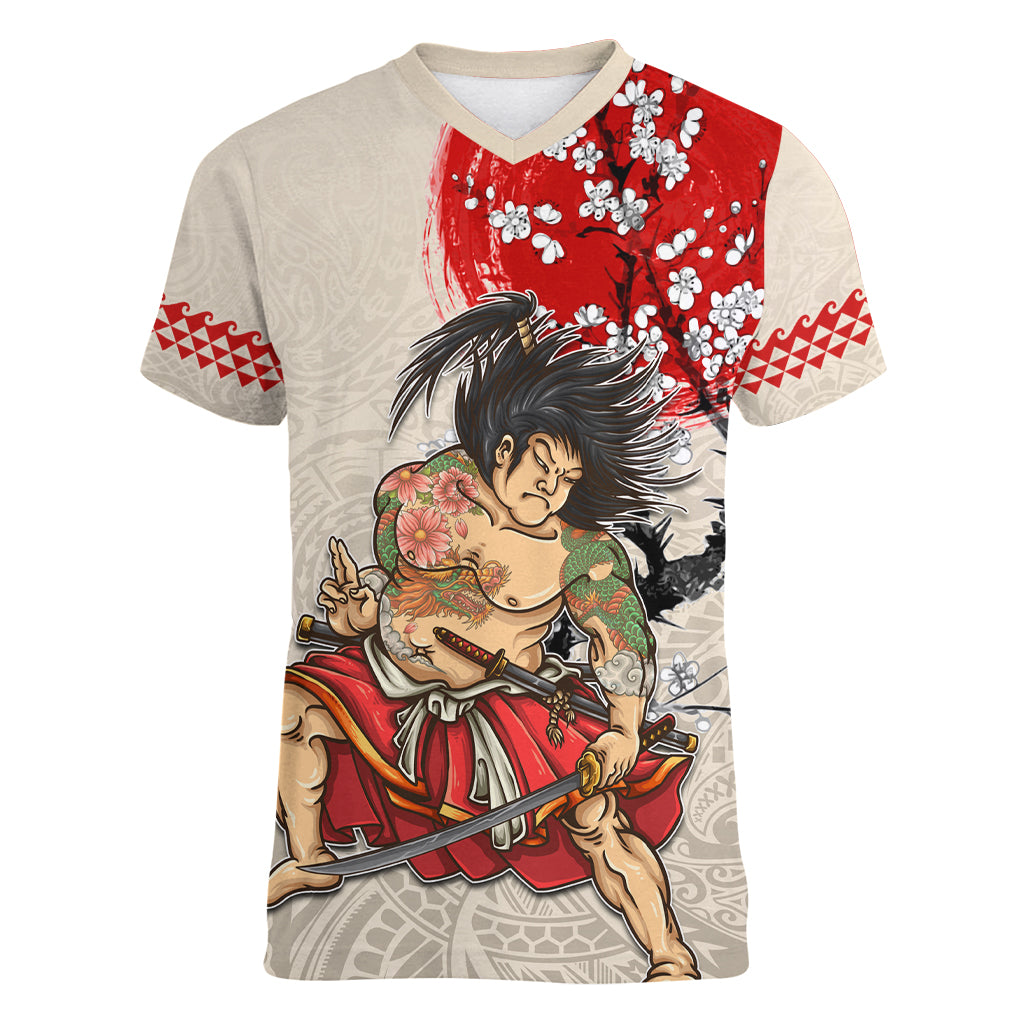 Personalised Japanese Culture Hawaii Style Women V-Neck T-Shirt Japanese Samurai with Hawaiian Pattern - Wonder Print Shop