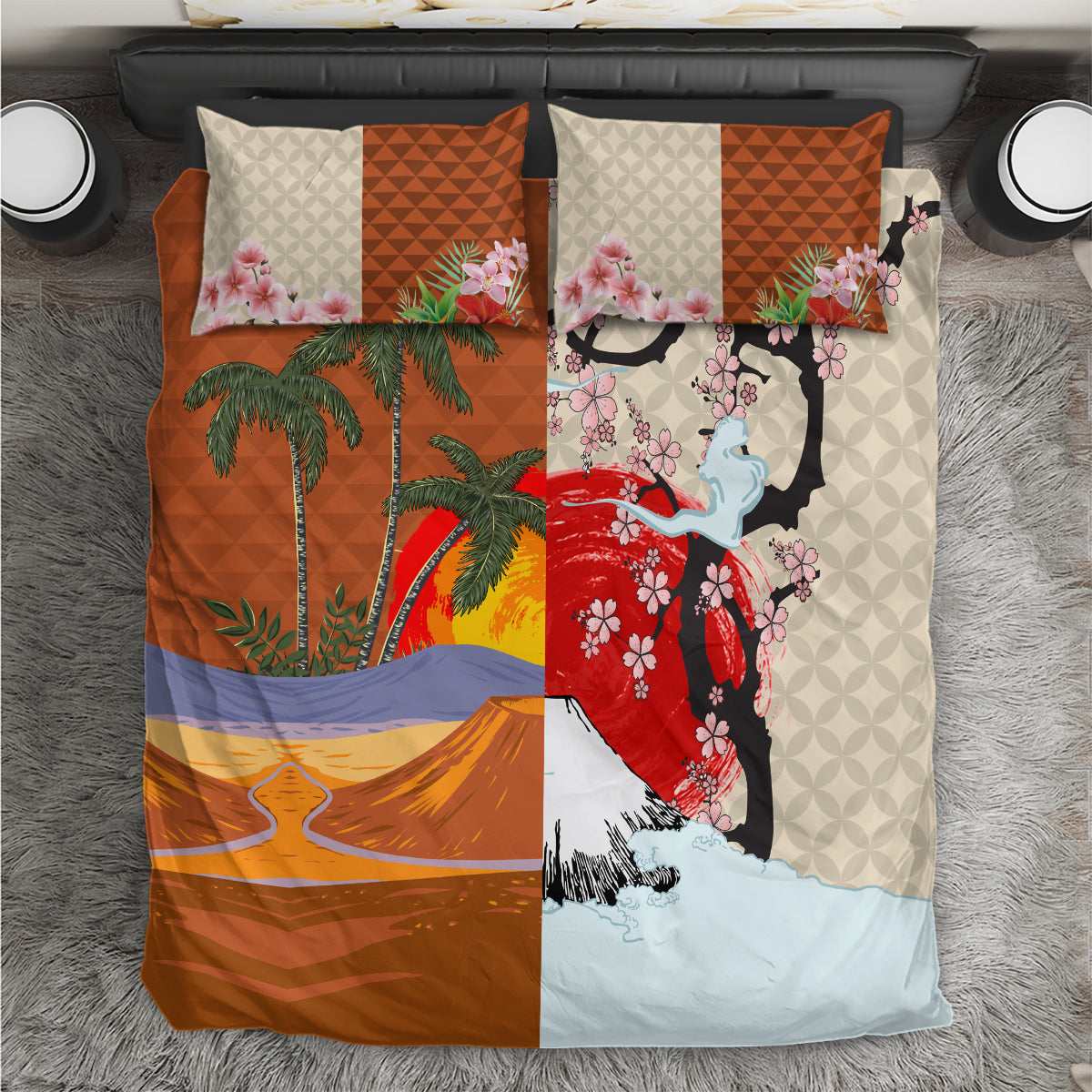 Brown Japanese-inspired bedding set with orange, red, floral cherry tree and pine print; 2 pillows