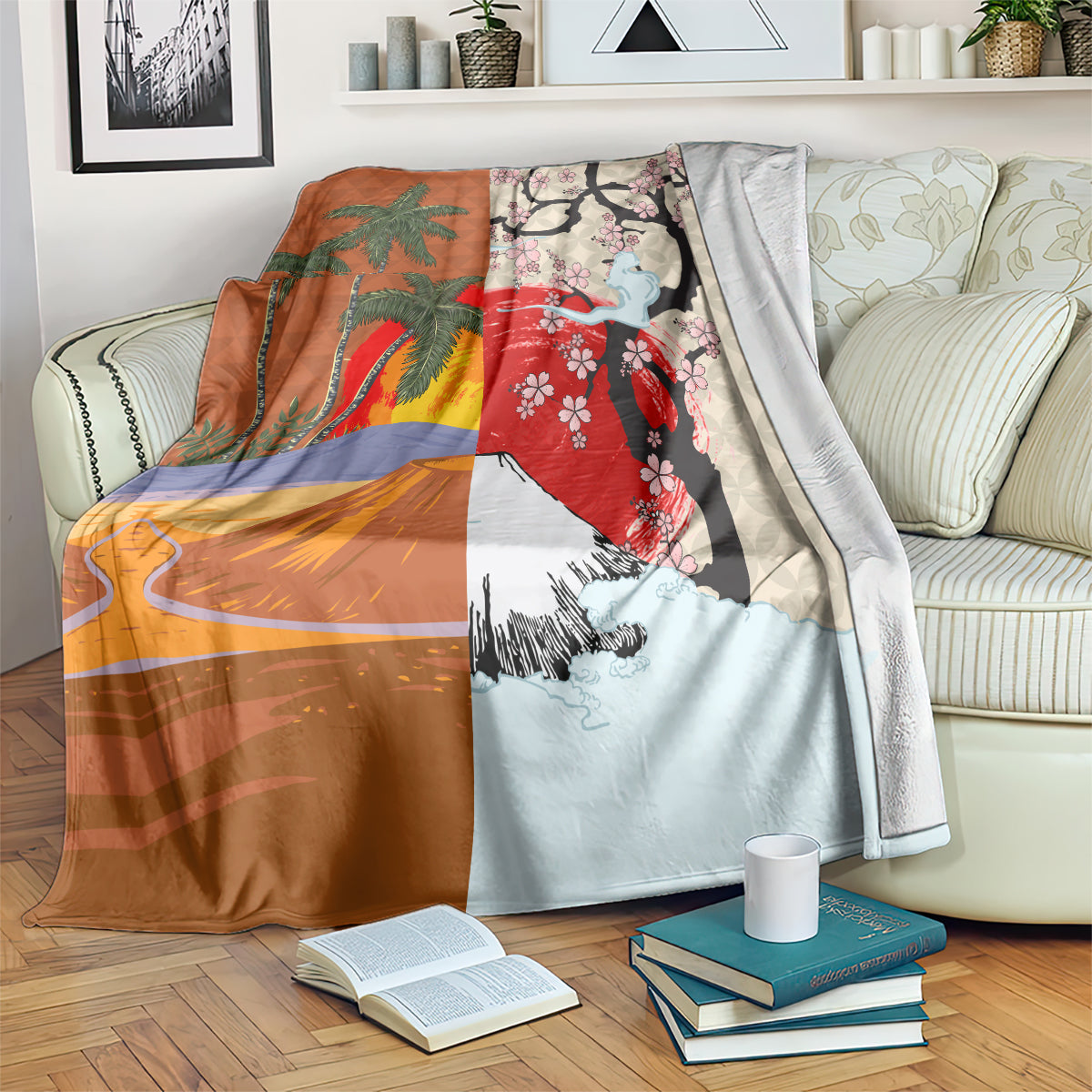 Brown blanket with palm trees, red blossoms, and blue mountain landscape print