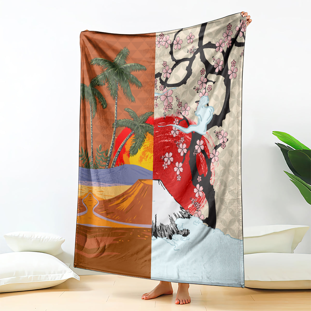 Brown blanket hanging down with palm trees, red blossoms, and blue mountain scene