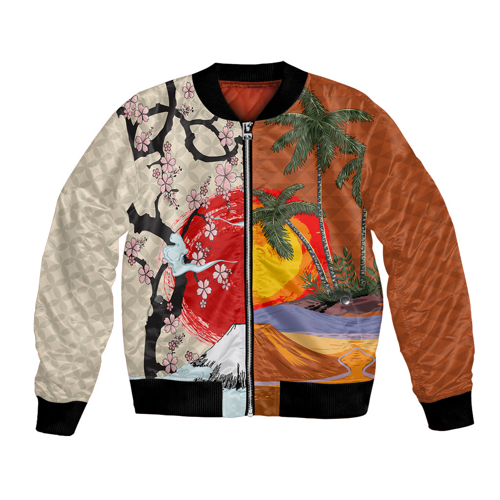 Unisex bomber jacket with multicolor scenic print, brown sleeves, black ribbed trim