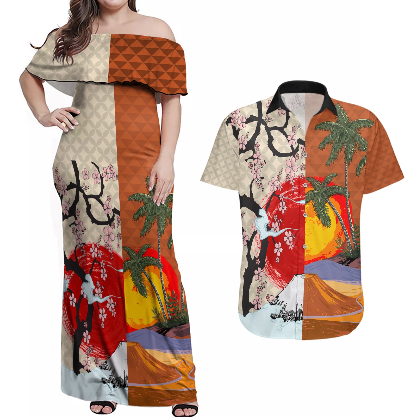 Japanese Culture Hawaii Style Couples Matching Off Shoulder Maxi Dress and Hawaiian Shirt Mauna Kea and Fuji Mountains - Wonder Print Shop