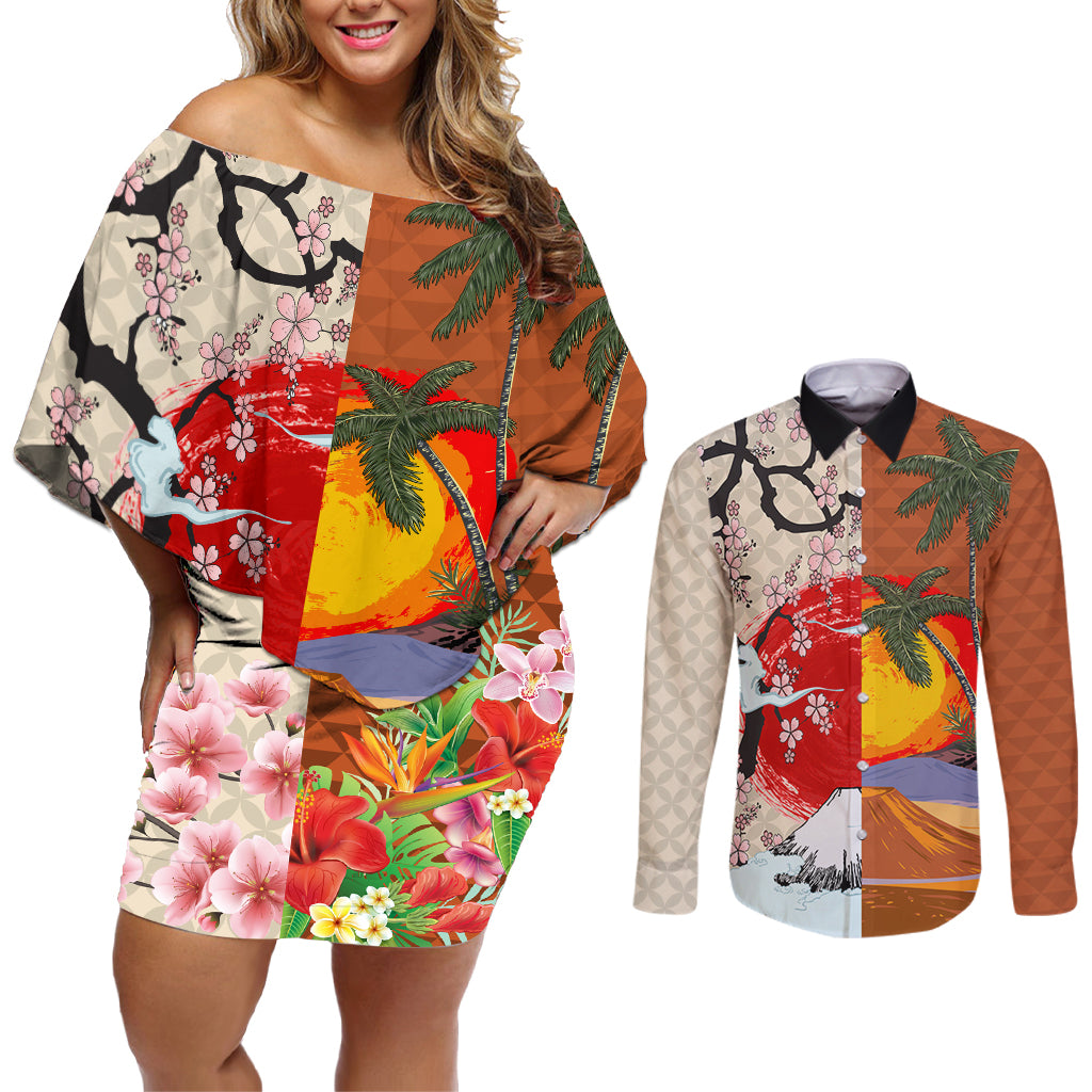 Japanese Culture Hawaii Style Couples Matching Off Shoulder Short Dress and Long Sleeve Button Shirt Mauna Kea and Fuji Mountains - Wonder Print Shop