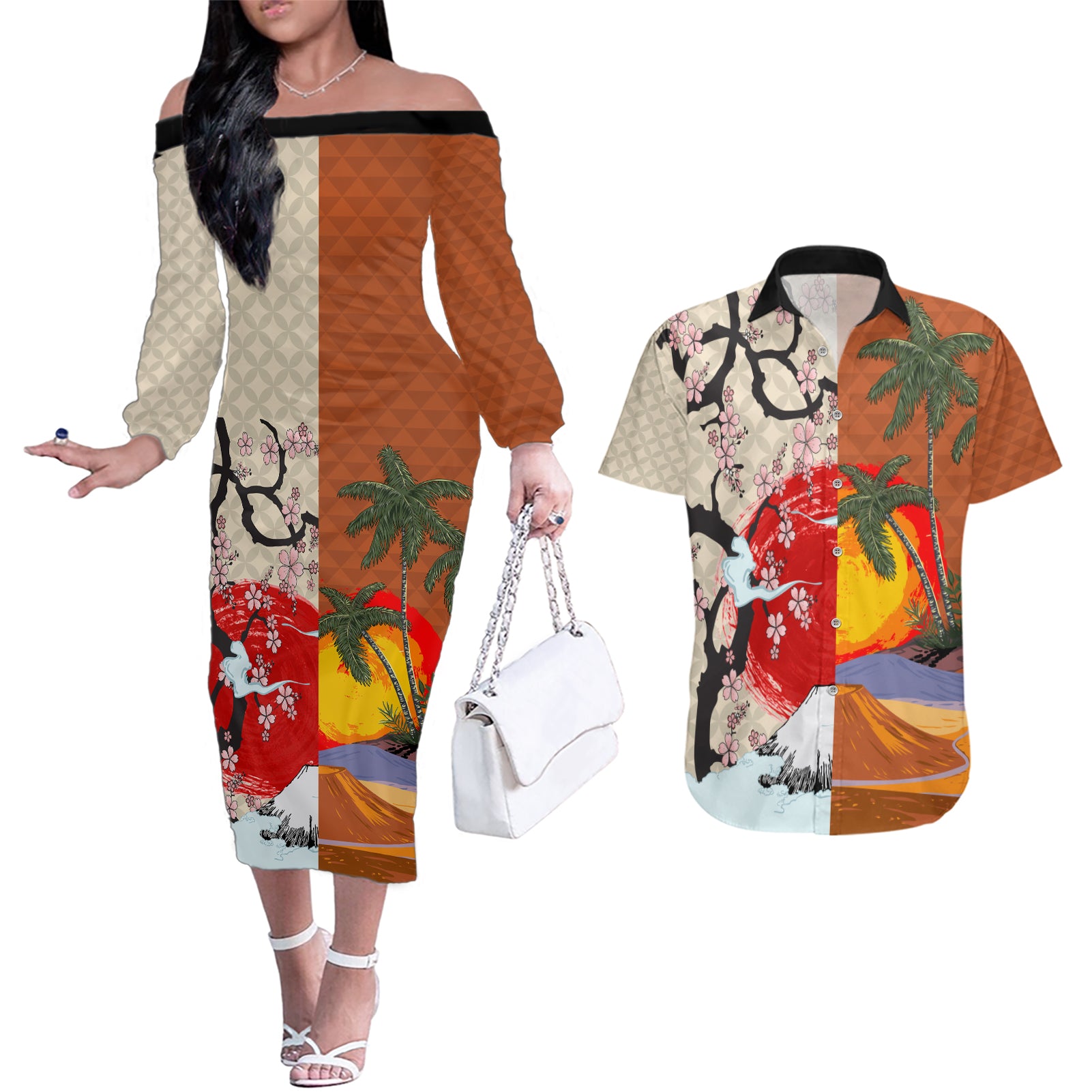 Japanese Culture Hawaii Style Couples Matching Off The Shoulder Long Sleeve Dress and Hawaiian Shirt Mauna Kea and Fuji Mountains - Wonder Print Shop