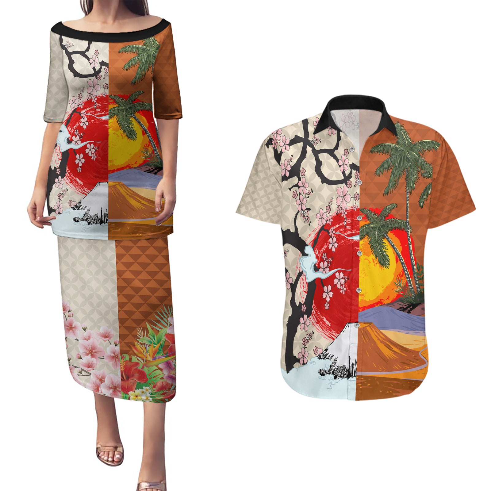 Japanese Culture Hawaii Style Couples Matching Puletasi and Hawaiian Shirt Mauna Kea and Fuji Mountains - Wonder Print Shop