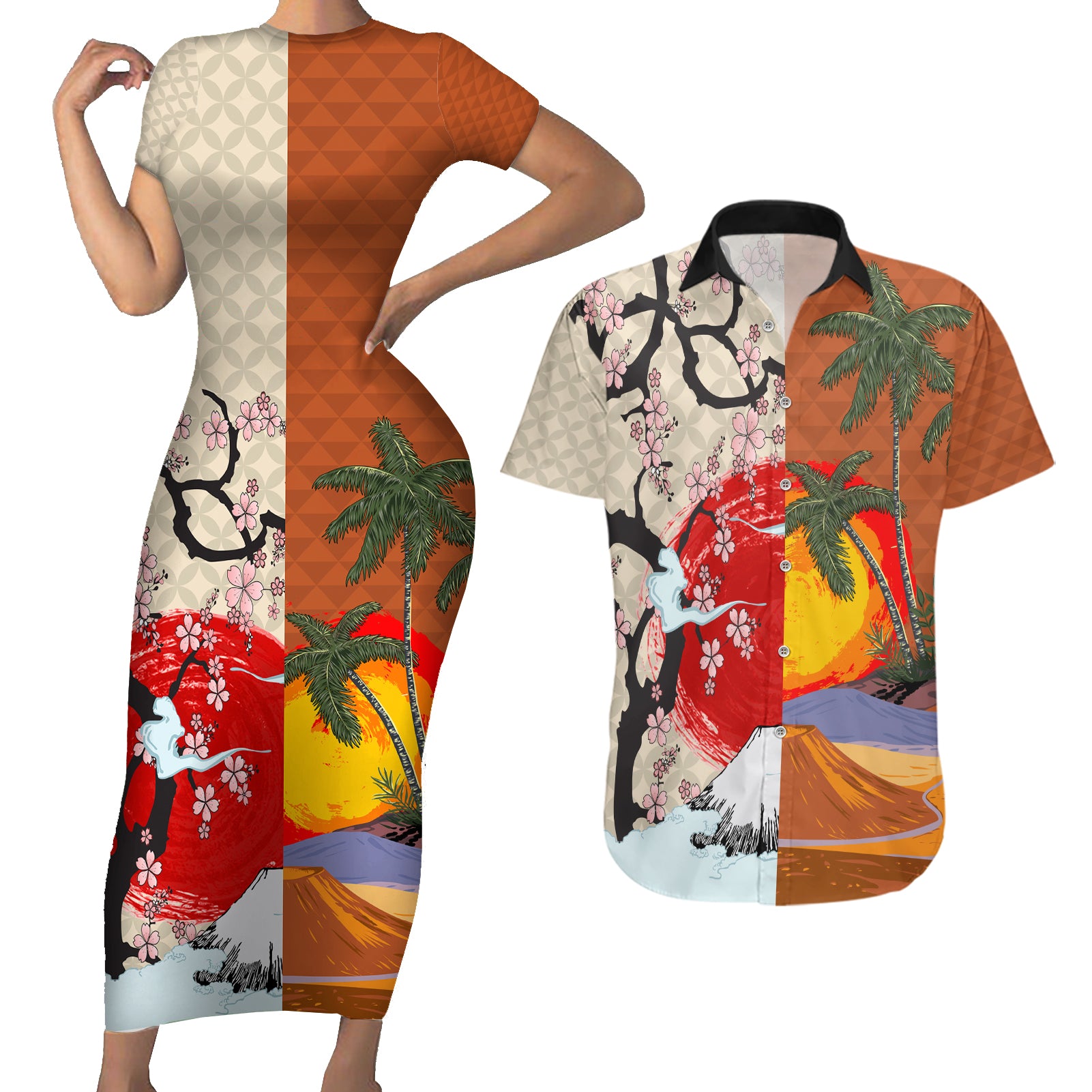 Japanese Culture Hawaii Style Couples Matching Short Sleeve Bodycon Dress and Hawaiian Shirt Mauna Kea and Fuji Mountains - Wonder Print Shop