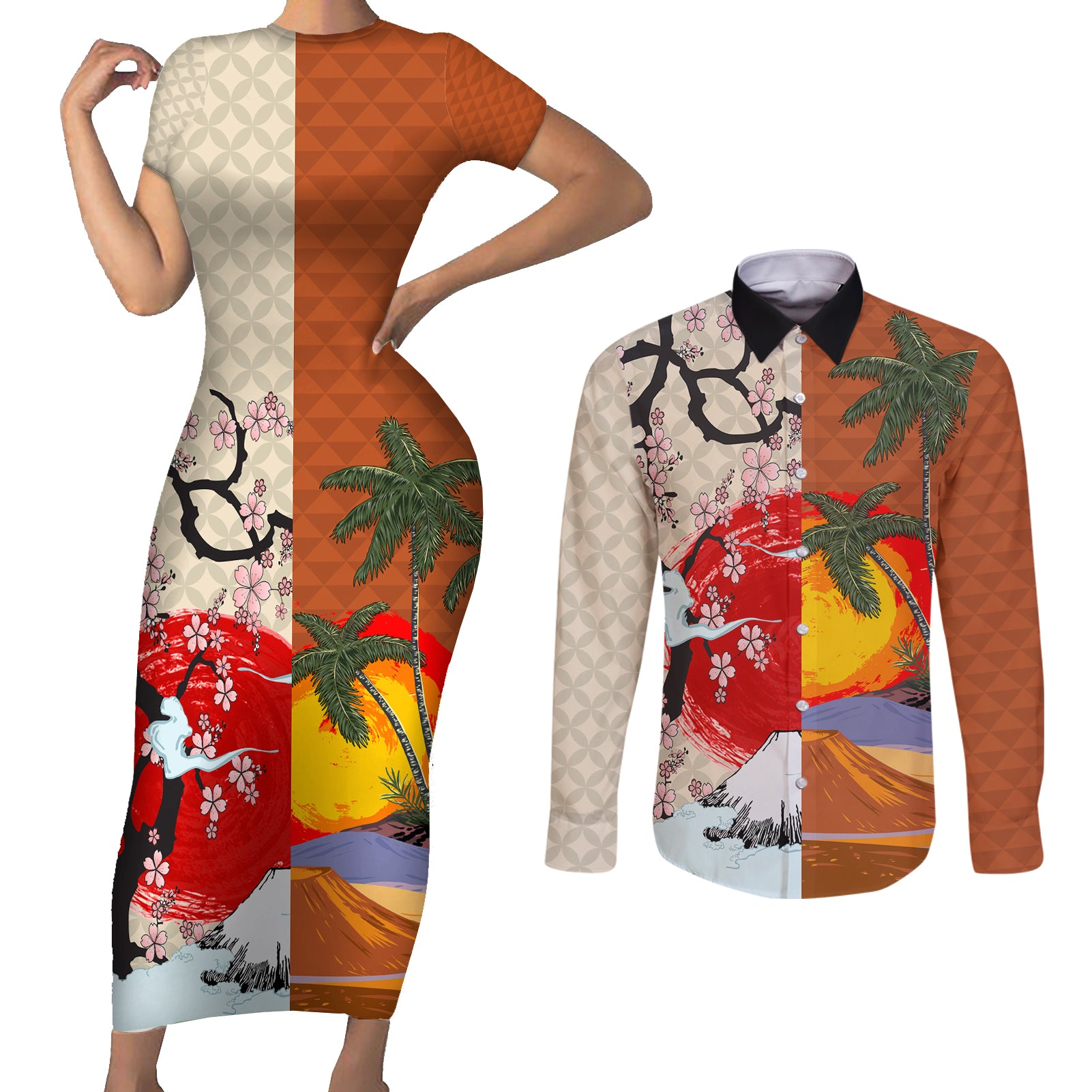 Japanese Culture Hawaii Style Couples Matching Short Sleeve Bodycon Dress and Long Sleeve Button Shirt Mauna Kea and Fuji Mountains - Wonder Print Shop