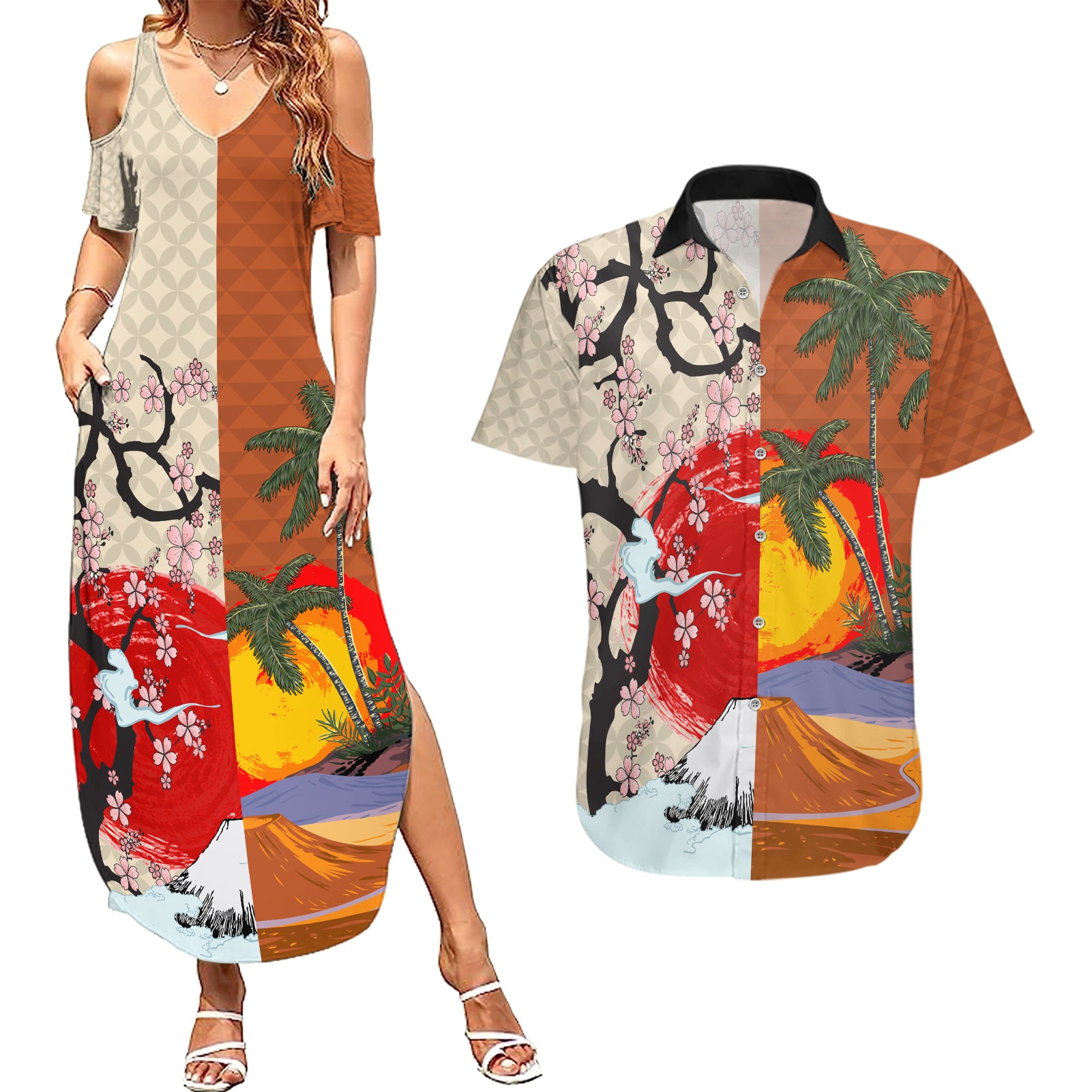 Japanese Culture Hawaii Style Couples Matching Summer Maxi Dress and Hawaiian Shirt Mauna Kea and Fuji Mountains - Wonder Print Shop