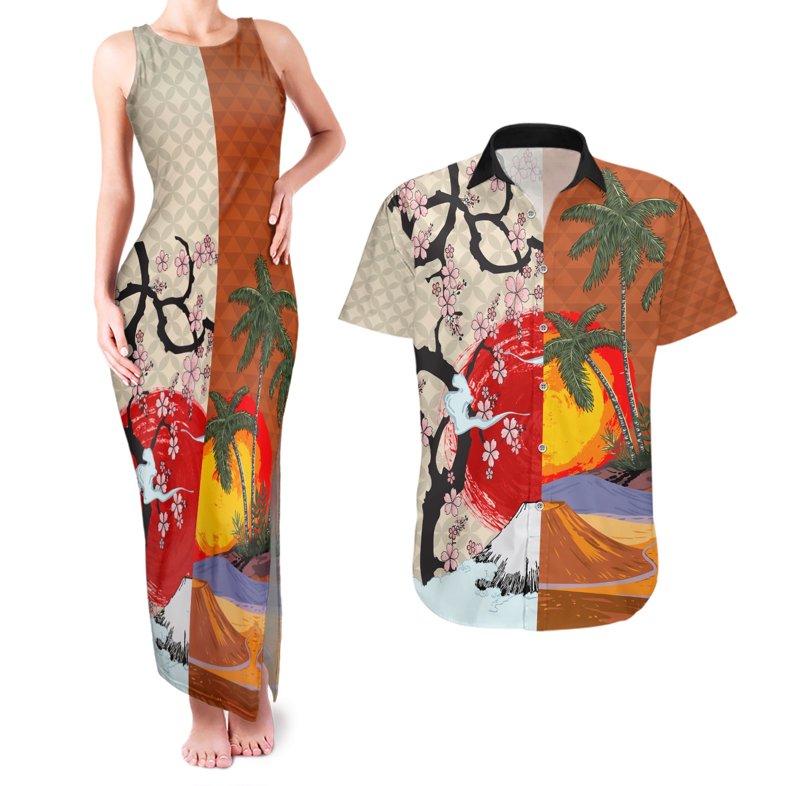 Japanese Culture Hawaii Style Couples Matching Tank Maxi Dress and Hawaiian Shirt Mauna Kea and Fuji Mountains - Wonder Print Shop