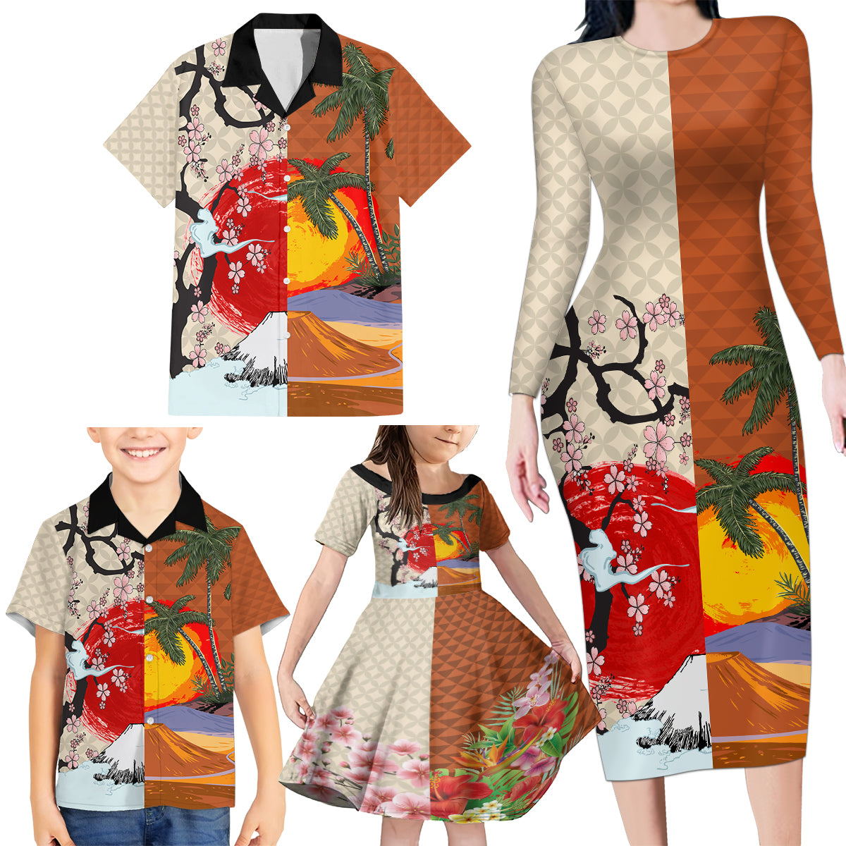 Japanese Culture Hawaii Style Family Matching Long Sleeve Bodycon Dress and Hawaiian Shirt Mauna Kea and Fuji Mountains - Wonder Print Shop