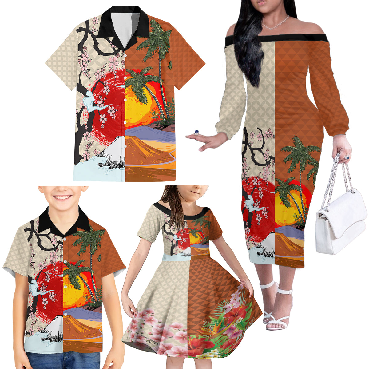 Japanese Culture Hawaii Style Family Matching Off The Shoulder Long Sleeve Dress and Hawaiian Shirt Mauna Kea and Fuji Mountains - Wonder Print Shop