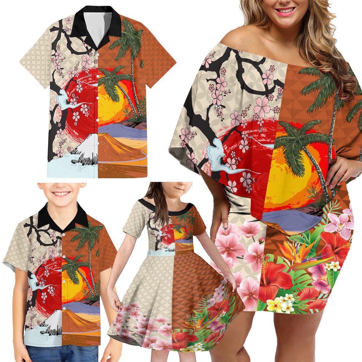 Japanese Culture Hawaii Style Family Matching Off Shoulder Short Dress and Hawaiian Shirt Mauna Kea and Fuji Mountains - Wonder Print Shop