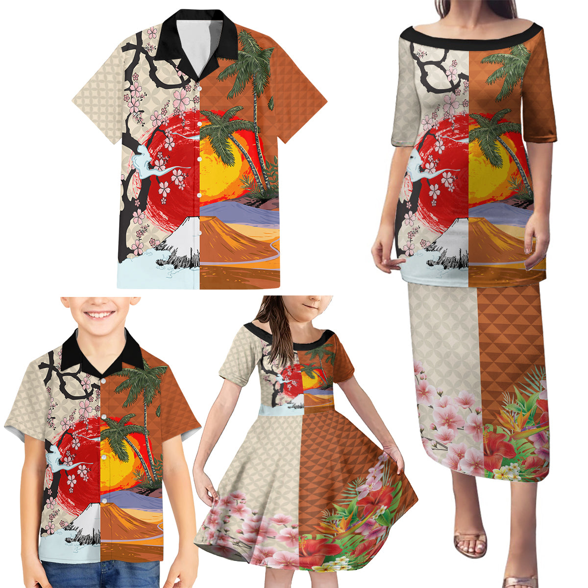 Japanese Culture Hawaii Style Family Matching Puletasi and Hawaiian Shirt Mauna Kea and Fuji Mountains - Wonder Print Shop