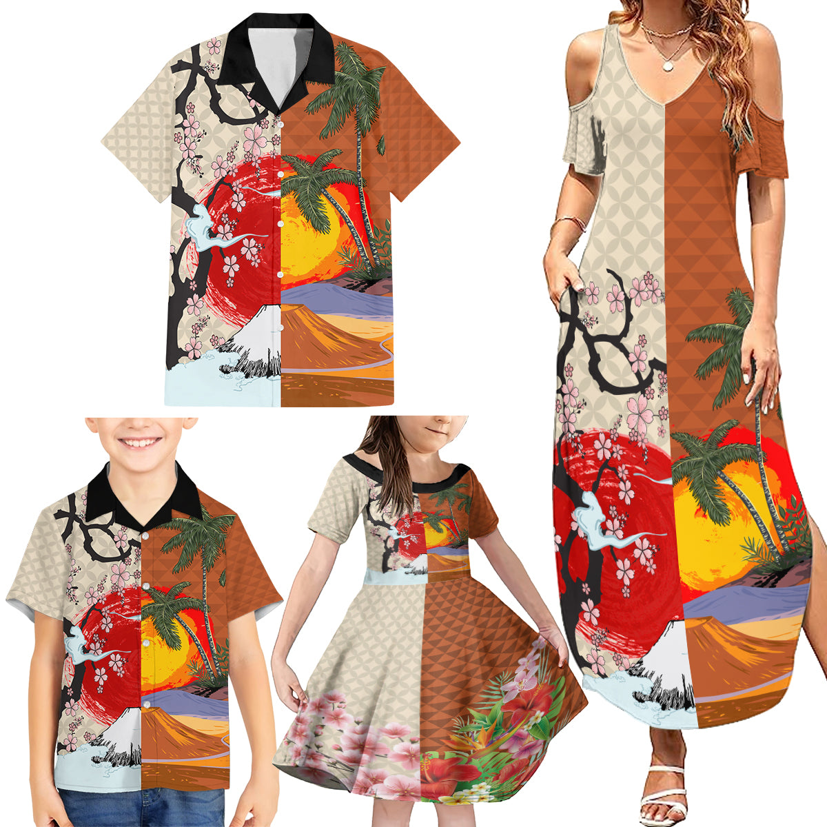 Japanese Culture Hawaii Style Family Matching Summer Maxi Dress and Hawaiian Shirt Mauna Kea and Fuji Mountains - Wonder Print Shop