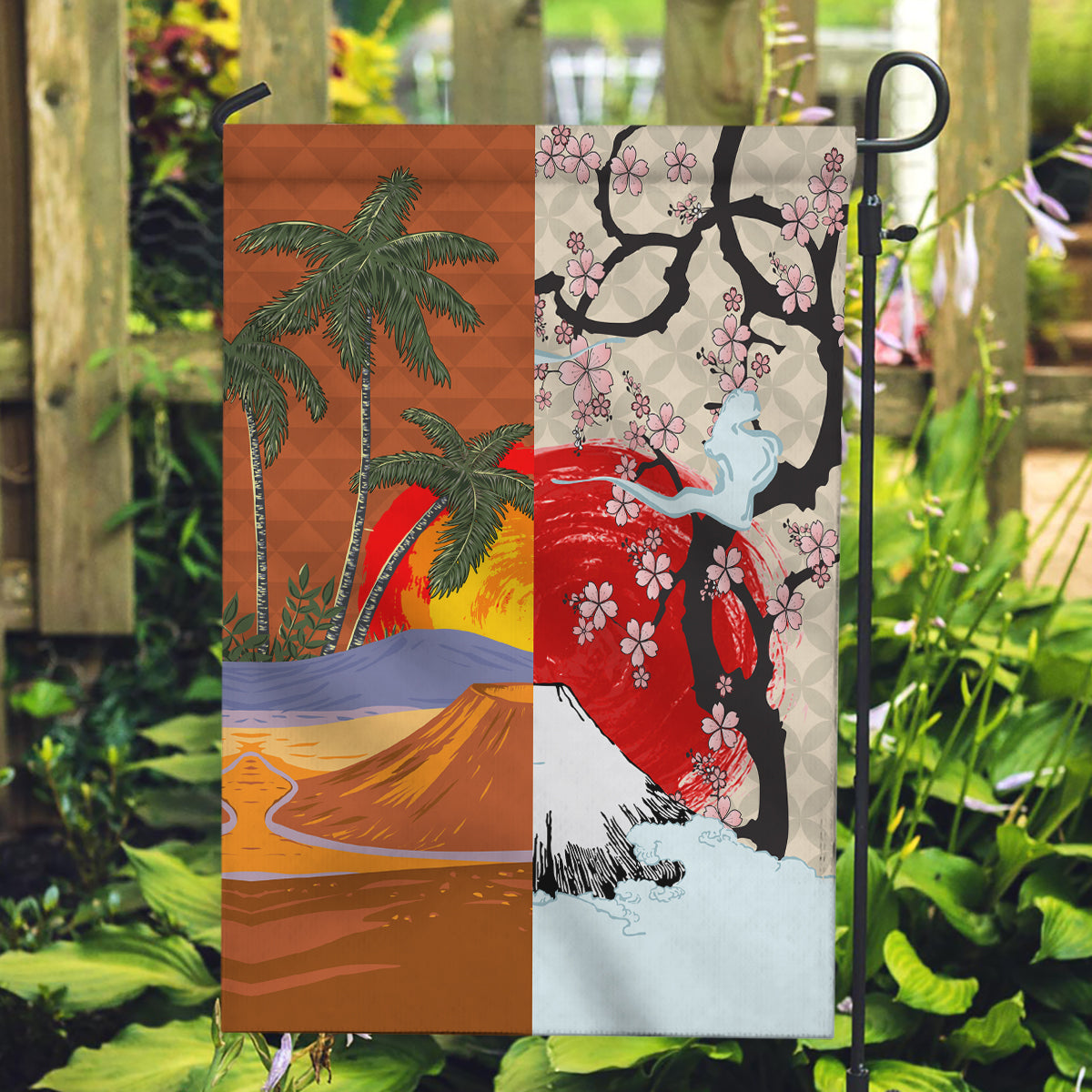 Japanese Culture Hawaii Style Garden Flag Mauna Kea and Fuji Mountains - Wonder Print Shop