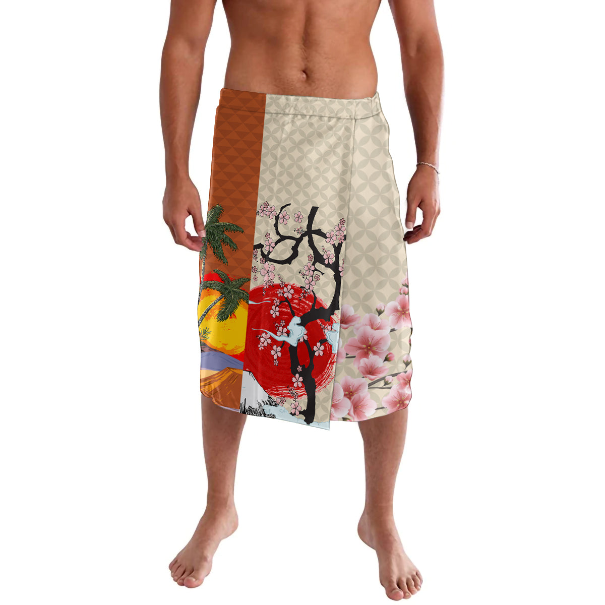 Brown and cream lavalava wrap skirt with floral tree print and geometric panel