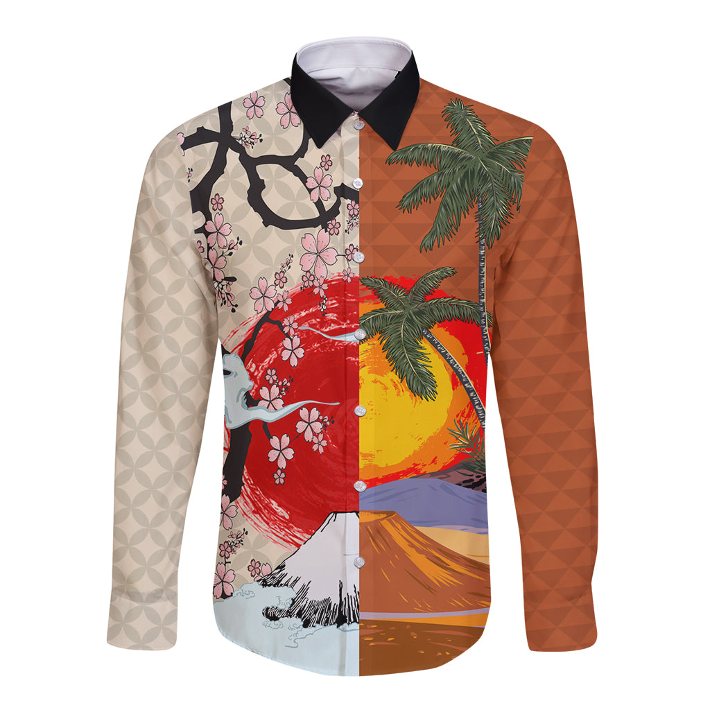 Brown long-sleeve button shirt with mountain, palm, cherry blossom graphic