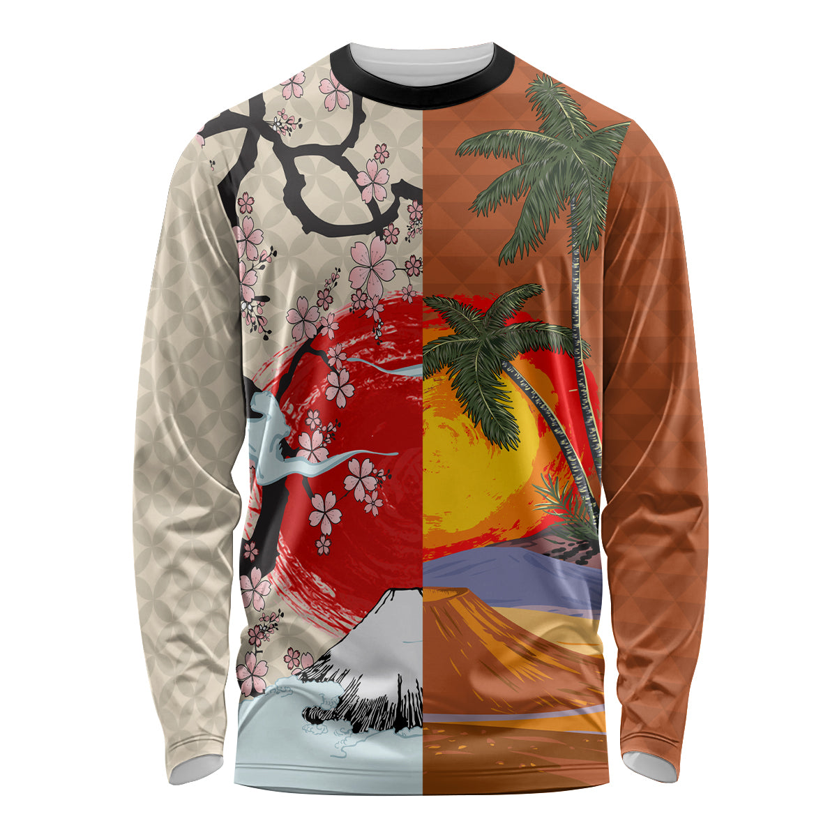 Japanese Culture Hawaii Style Long Sleeve Shirt Mauna Kea and Fuji Mountains - Wonder Print Shop