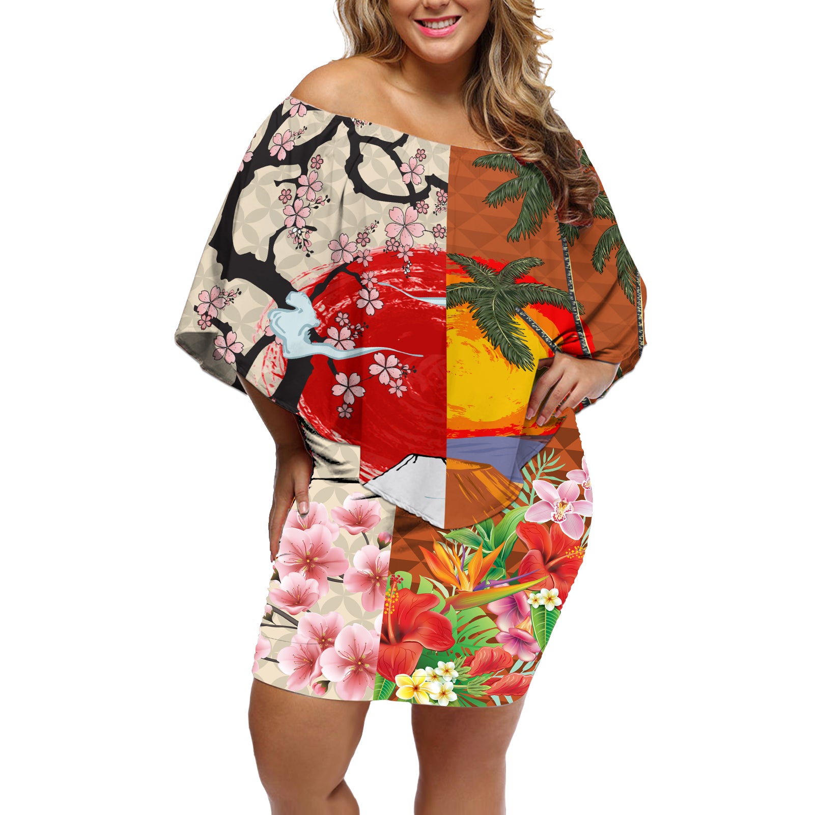 Japanese Culture Hawaii Style Off Shoulder Short Dress Mauna Kea and Fuji Mountains - Wonder Print Shop