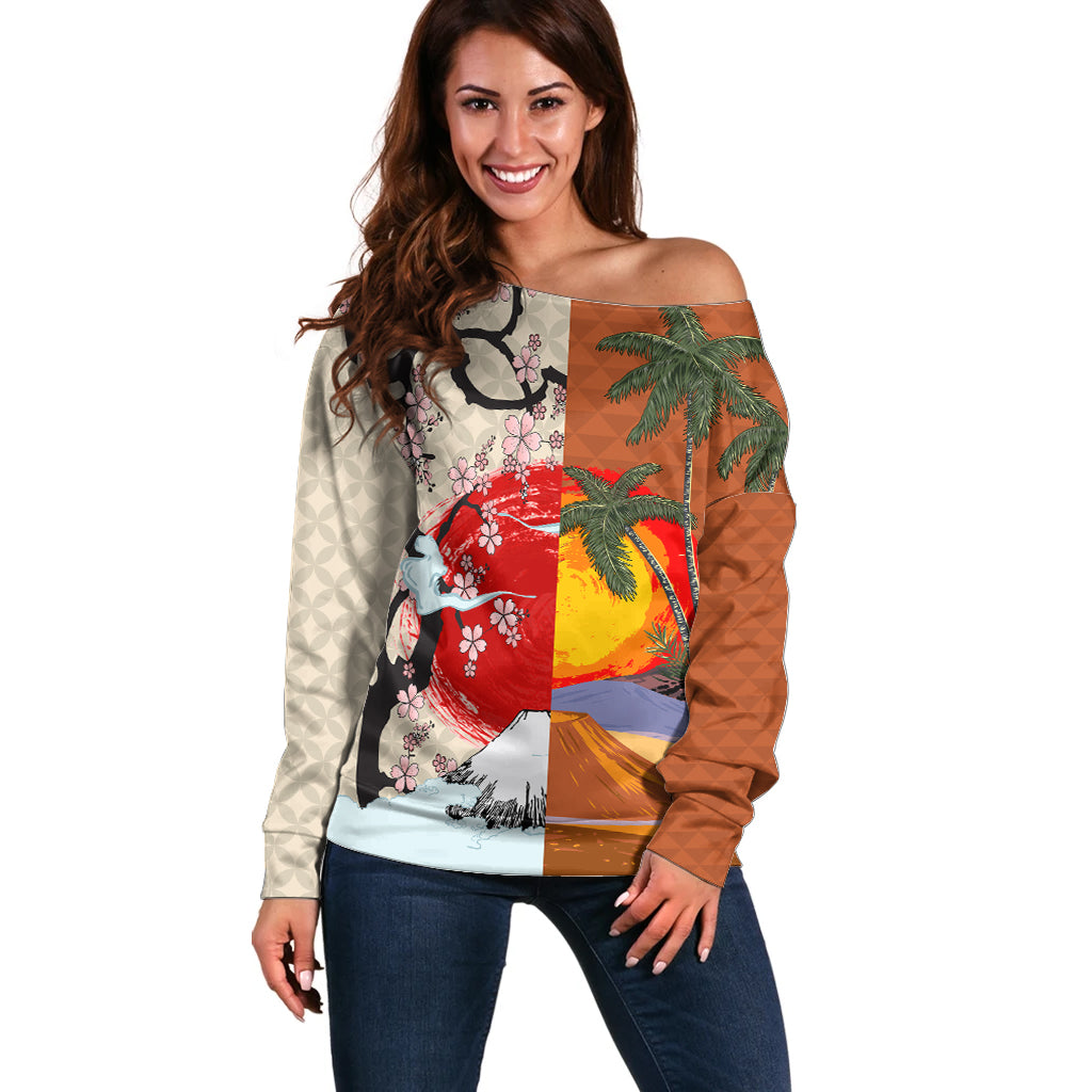 Japanese Culture Hawaii Style Off Shoulder Sweater Mauna Kea and Fuji Mountains - Wonder Print Shop