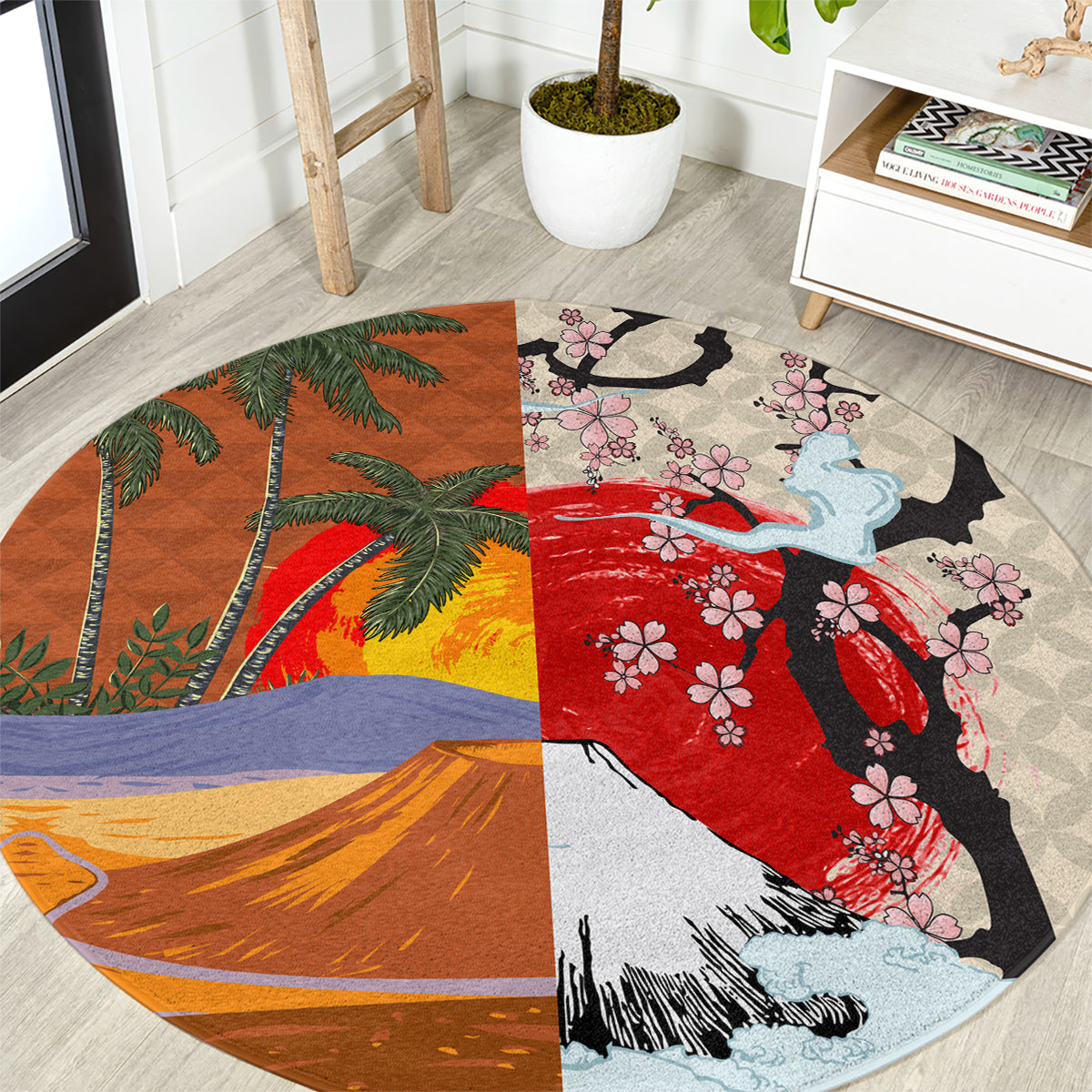 Round patchwork rug with orange landscape, green palm fronds, red cherry blossoms, blue waves
