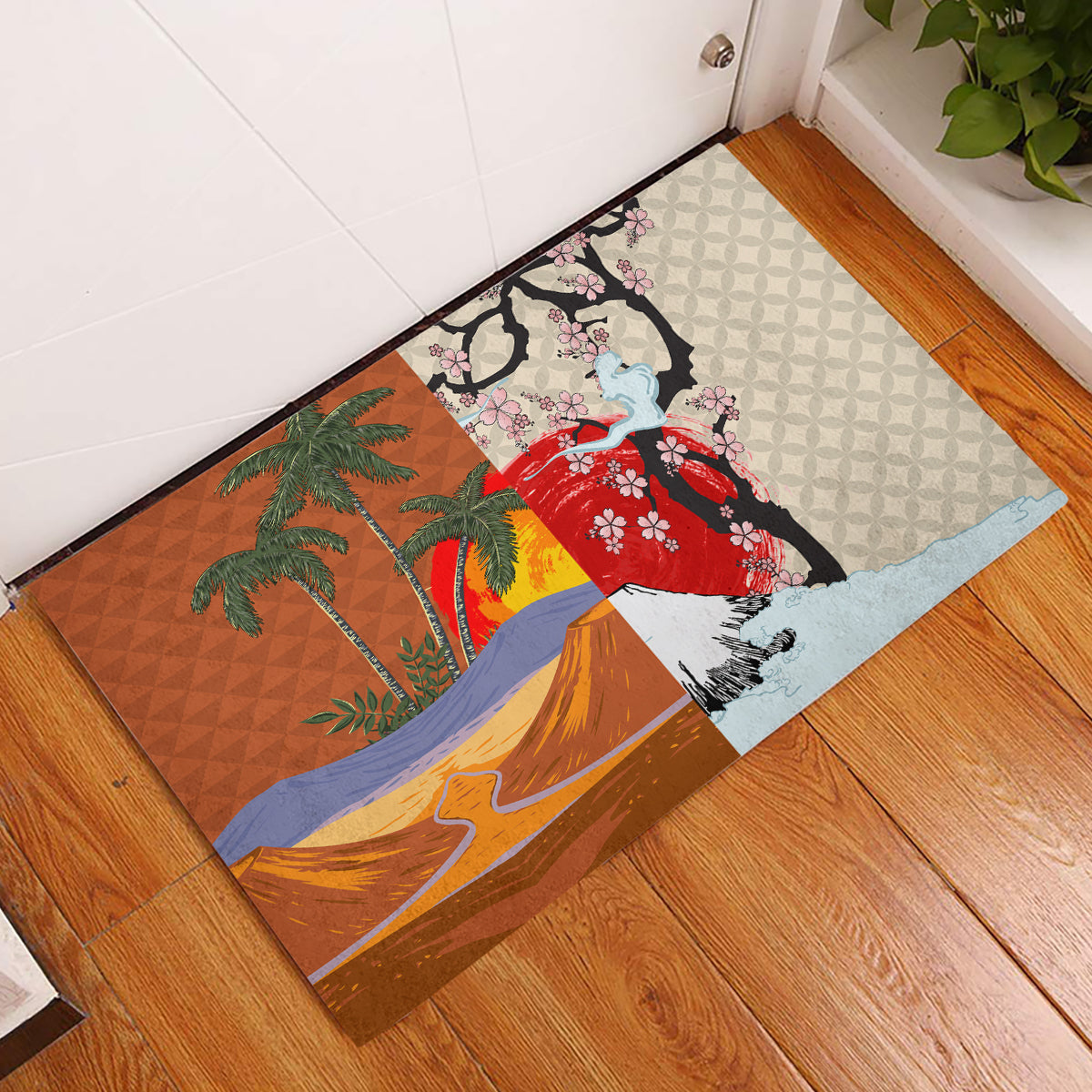 Japanese Culture Hawaii Style Rubber Doormat Mauna Kea and Fuji Mountains - Wonder Print Shop