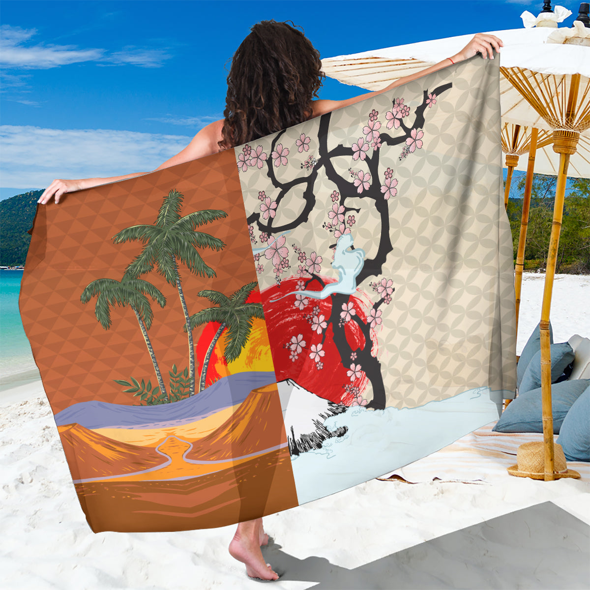 Japanese Culture Hawaii Style Sarong Mauna Kea and Fuji Mountains - Wonder Print Shop