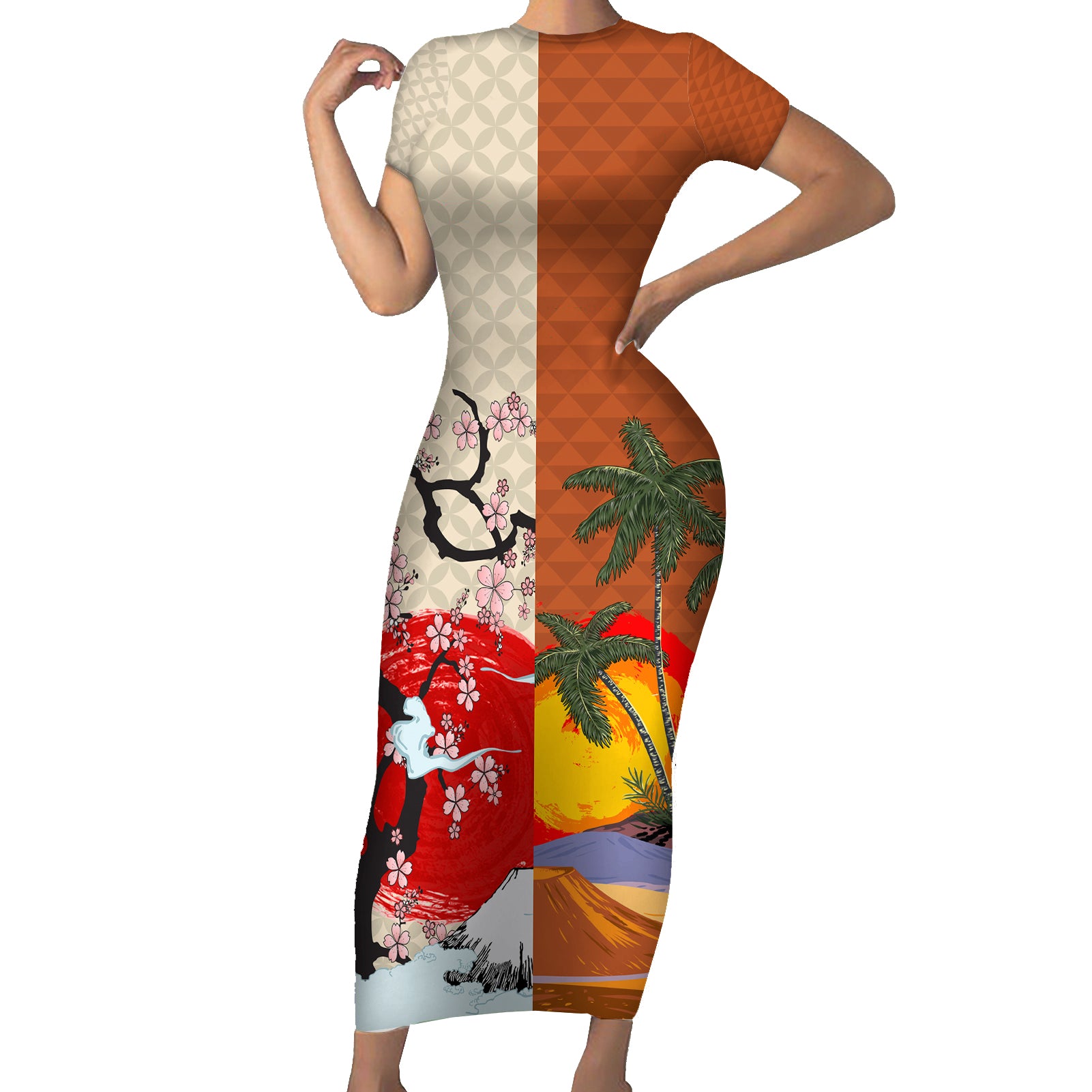 Japanese Culture Hawaii Style Short Sleeve Bodycon Dress Mauna Kea and Fuji Mountains - Wonder Print Shop