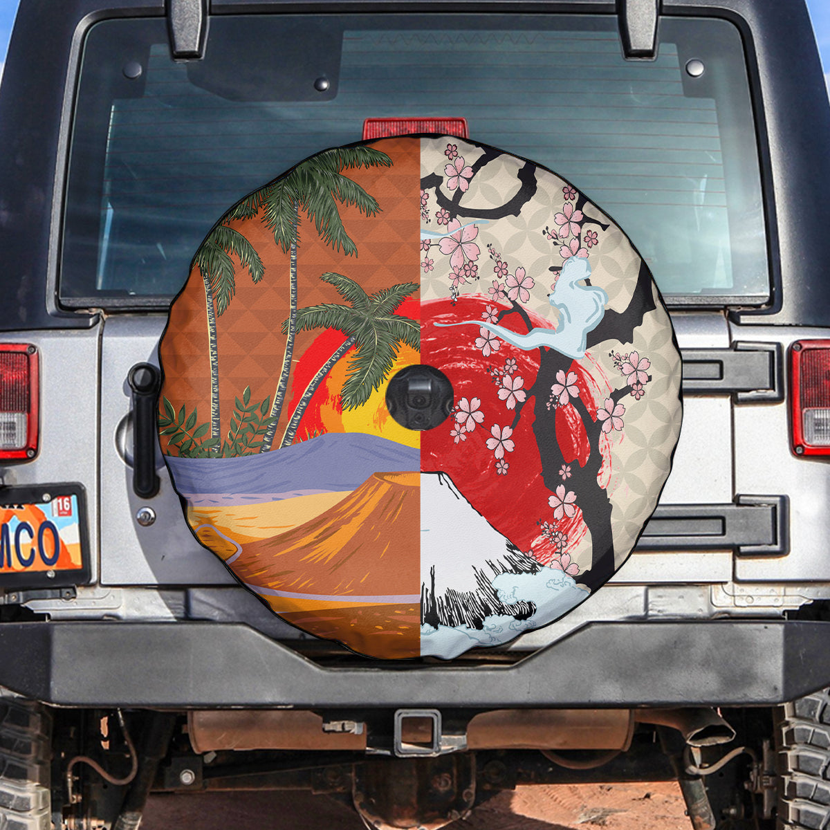 Japanese Culture Hawaii Style Spare Tire Cover Mauna Kea and Fuji Mountains - Wonder Print Shop