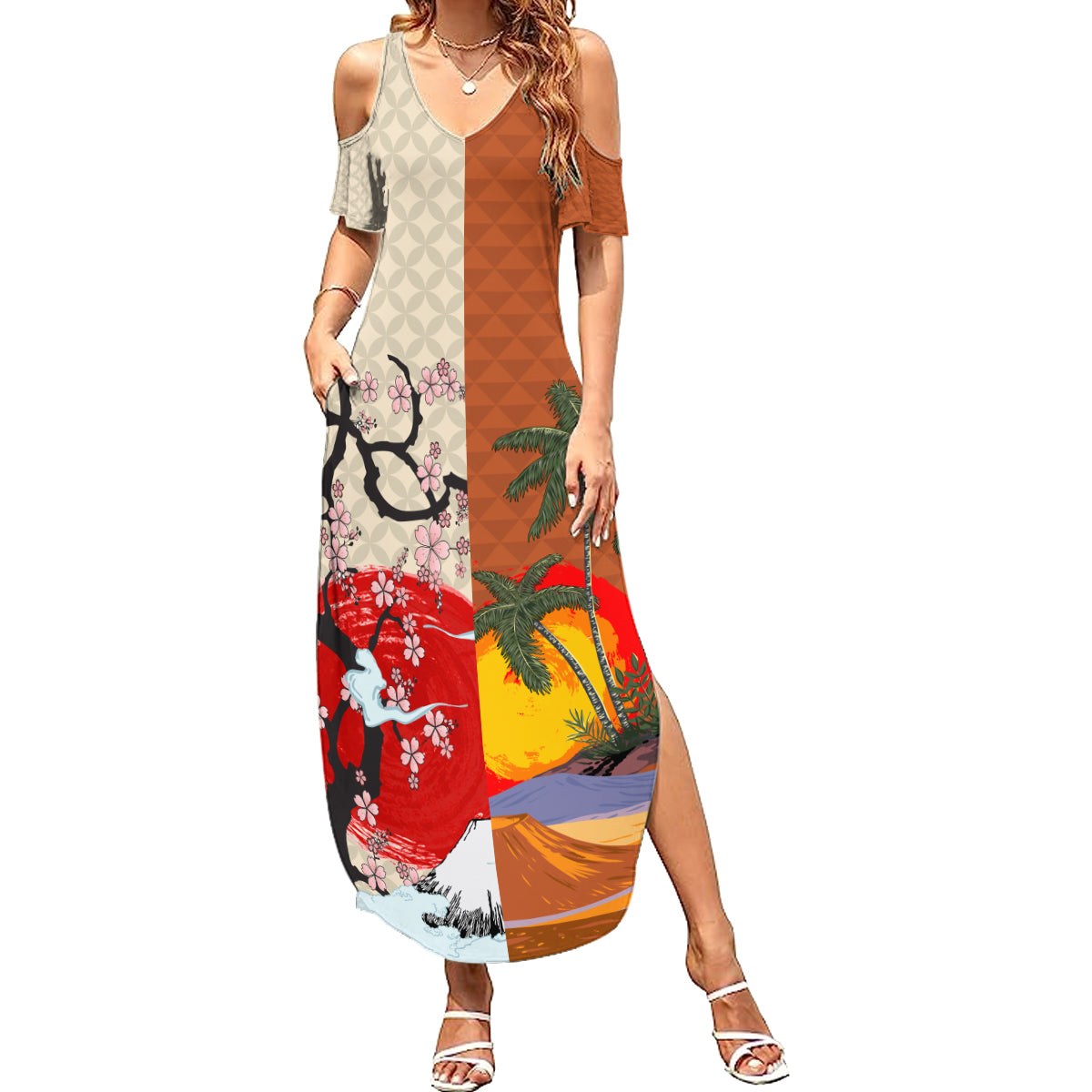 Japanese Culture Hawaii Style Summer Maxi Dress Mauna Kea and Fuji Mountains - Wonder Print Shop