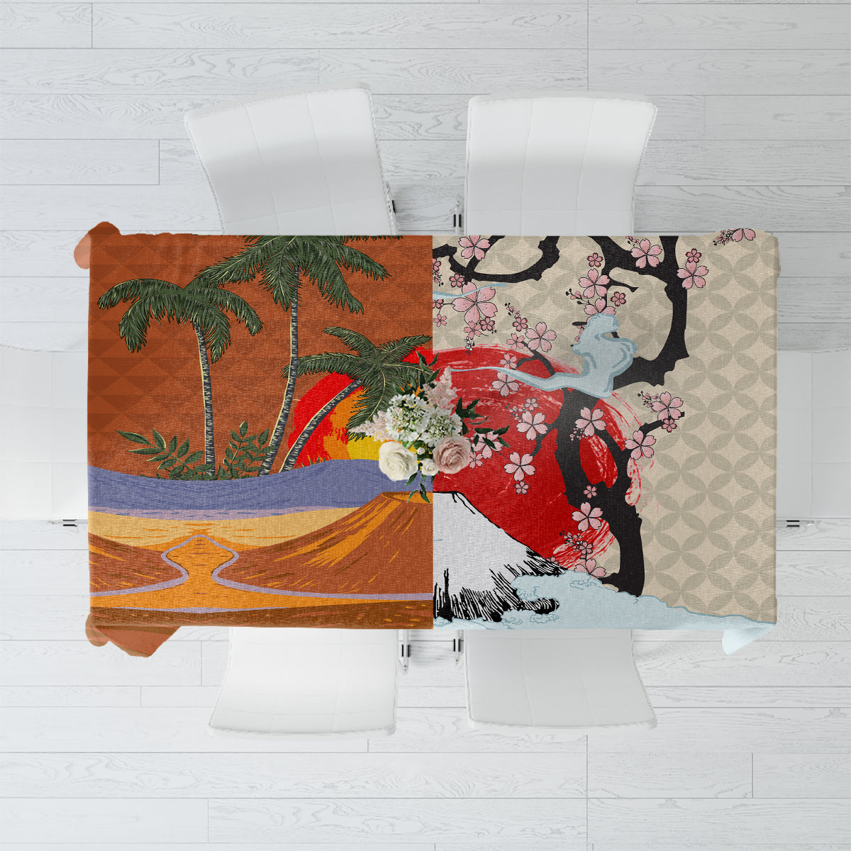 Brown, blue, and red illustrated tablecloth with floral and palm tree scenes