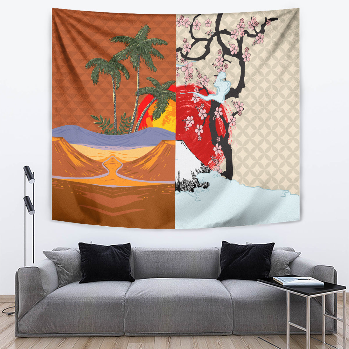 Brown Japanese-style tapestry wall hanging with palm trees, cherry blossoms, and mountain scenery