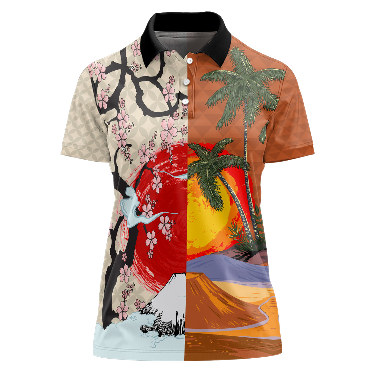 Japanese Culture Hawaii Style Women Polo Shirt Mauna Kea and Fuji Mountains - Wonder Print Shop