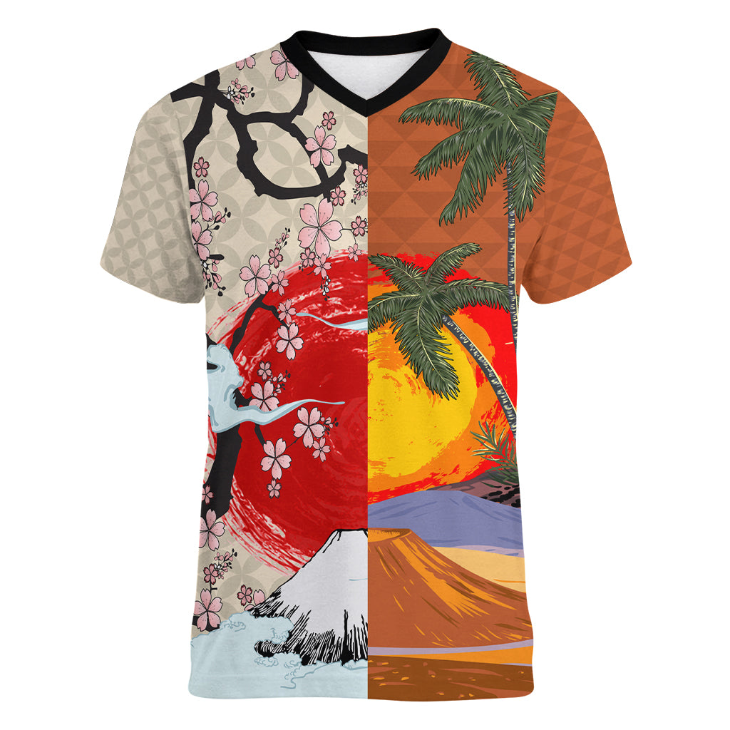 Japanese Culture Hawaii Style Women V-Neck T-Shirt Mauna Kea and Fuji Mountains - Wonder Print Shop