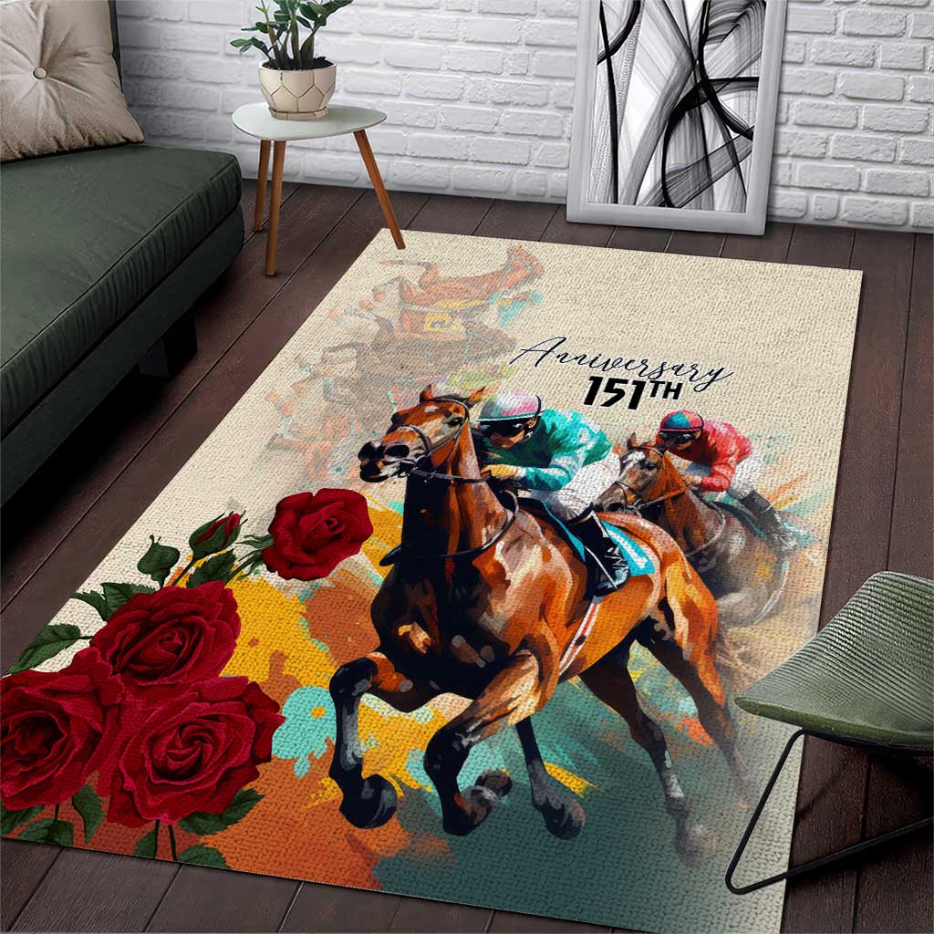 Area rug with colorful horse race scene, red roses, and “Anniversary 151st” text