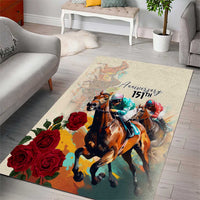 Area rug showing racing horses in motion, red roses, and scripted “151st” anniversary