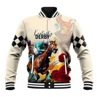 Light baseball jacket with horse graphic, roses, checkered sleeves, striped rib trim.
