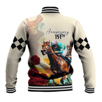 Light baseball jacket back with horse-and-rider graphic, roses, striped rib collar.